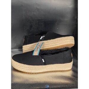 Toms Valencia Black Canvas Fray Platform Espadrille Slip On Shoes Womens 10 NEW